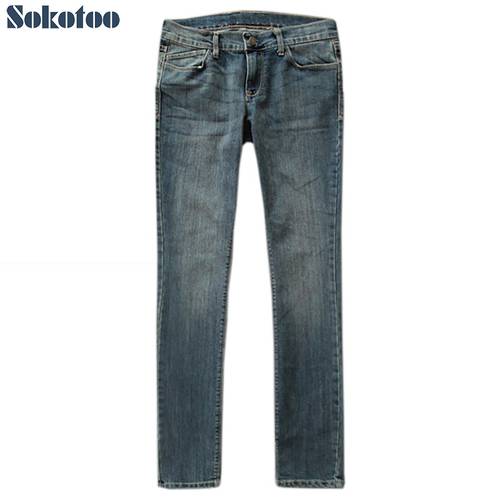 Sokotoo Womens plus size slim straight mid waist denim jeans Lengthened Casual vintage washed blue pants for big and tall