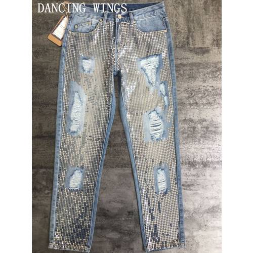 Fashion Wild Silver Sequins Washed Holes Denim Pants Mid Waist Casual Loose Straight Jeans Women Capris