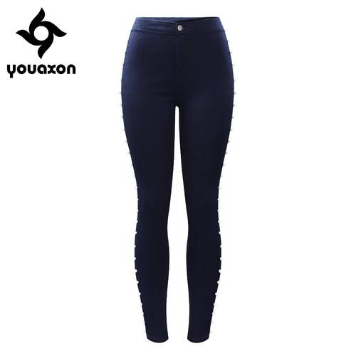 2179 Youaxon Navy High Waisted Vintage Pearls Studded Jeans Woman Stretchy Denim Pants Trousers For Women Skinny Jeans