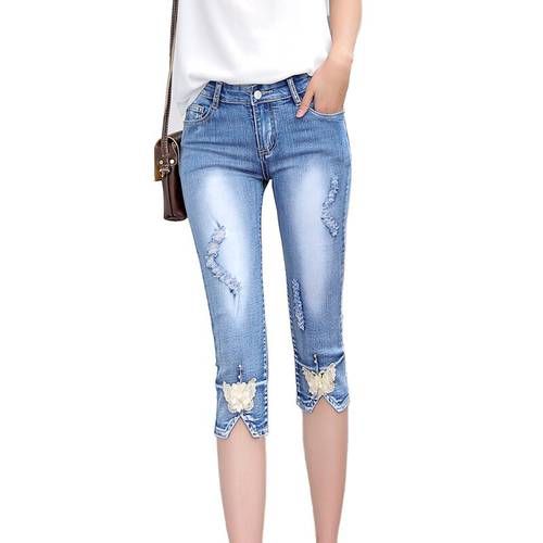 Summer Skinny Denim Capris Women Fashion Mid Waist Casual Ripped Hole Calf-Length Denim Pant Ladies Pencil Jeans Mujer 2022