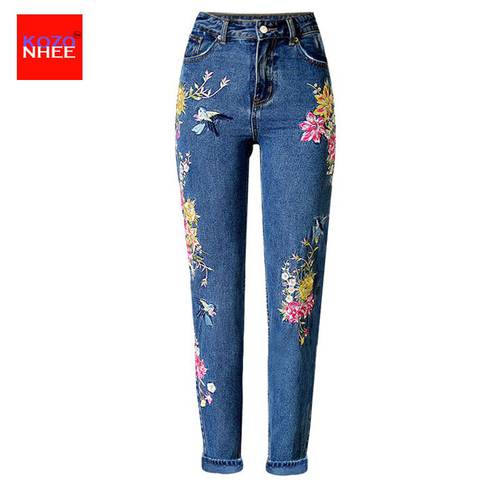 Straight Flower Embroidery Inelastic Jeans Female High Waist Birds Heavy Industry Embroidery Straight Jeans 25
