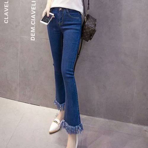 Trousers Women Fashion Skinny Jeans Female Denim Pants Casual Long Plus Size Mid-waist Stretch Tassel Flare Jeans Streetwear