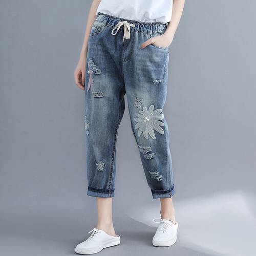 2022 Summer New Plus Size Women Embroidery Jeans Beading Blue Patchwork Vintage Female Lady Pants Outwear