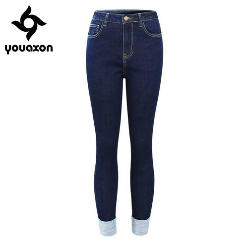 2183 Youaxon New EU Size High Waistet Fold Jeans Woman Stretchy Denim Pants Trousers For Women Capris Pencil Skinny Jeans