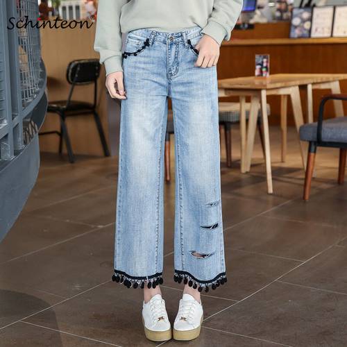 Schinteon New Straight Trousers Ankle-Length Light Blue Tassel Pants Ripped Hole Size 38 40