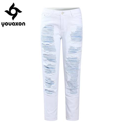 2094 Youaxon White Straight Patchwork Cropped Jeans Women`s Boyfriend Mid Waist Ripped Denim Pants Jeans For Women Jean Capris