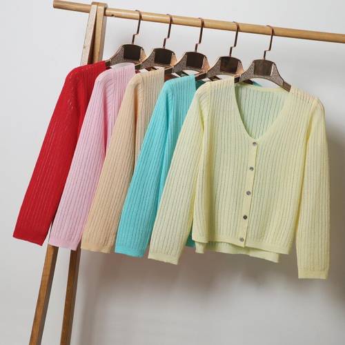 2021 Spring Summer Short Cardigan Solid Thin V neck Long Sleeve Stripe Knitted Cardigan Women Open Stitch Coat Blue Pink Yellow