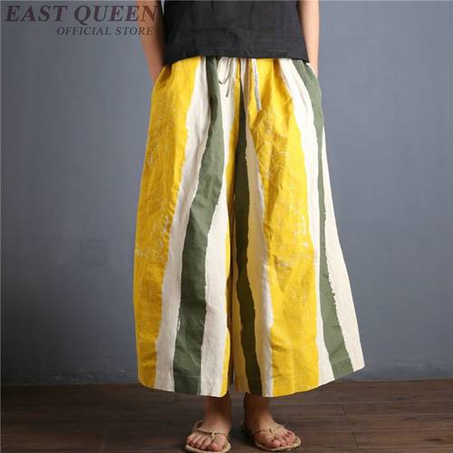 Chinese style linen striped Palazzo culotttes femme wide leg pants women female loose baggy ladies elegant pants trousers FF1267