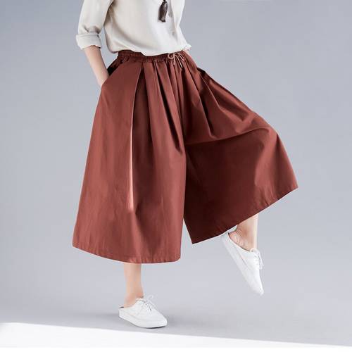 Johnature Solid Color Elastic Waist Tie Plus Size Pants 2020 Spring Pockets Casual Loose Linen Women Calf-Length Wide Leg Pants