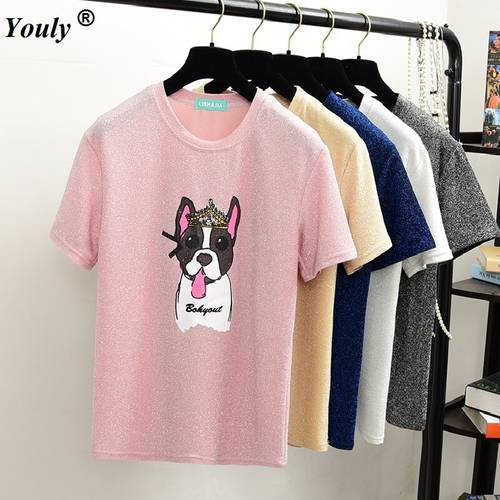 Sequined Gold Dog Printed T-shirt Wome Summer Short Sleeve O Neck Tops 2021 Ladies Blusa Solid Casual Femme Beige Tees Harajuku
