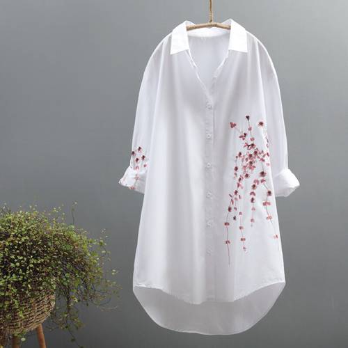 Long Women White Shirts 2022 Spring Summer New 100% Cotton Loose Flower Embroidery Long-Sleeved Bottoming Shirts Tops