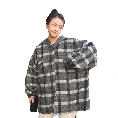 Autumn Spring Korean Style Women Plaid Hooded Jackets Long Sleeve Loose Hooded Coat Casual Boyfriend Oversized Plus Size Jackets