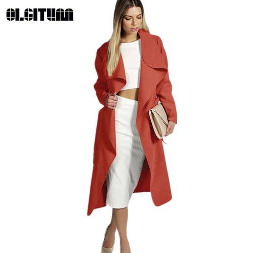 OLGITUM Autumn Woman Coat Wide Lapel Belt Wool Coat Oversize Women Long Trench Coat Grey Coat Wool Poncho WC002