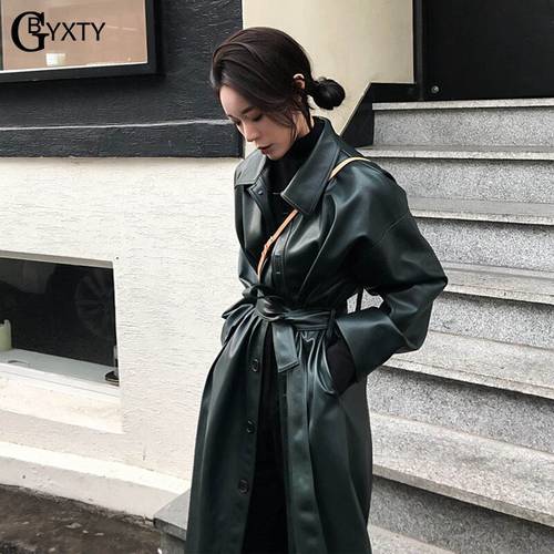 GBYXTY Long Trench Coat for Women Spring PU Leather Single Breasted Trench Femme Belt Windreaker Overcoat abrigos largos ZA1439