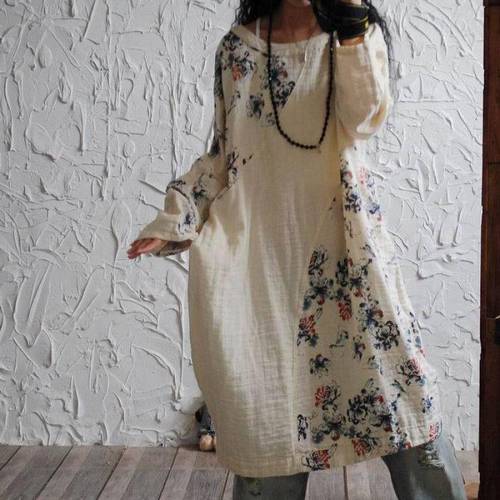 Spring Cotton Linen Dresses Loose Vestidos 2020 Original Design Floral Print Dress Vintage Long Sleeve Casual Dress