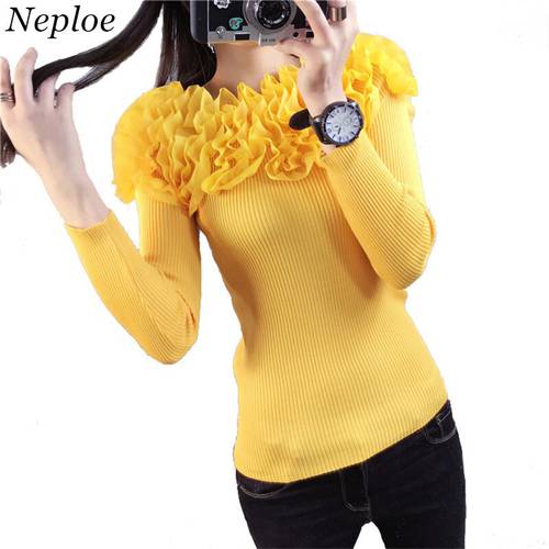 Neploe Autumn Fashion Knitted Sweater 2023 New Slim Slash Neck Sweater Wild Lace Flowers Pullover Sweater Woman Tops 65736