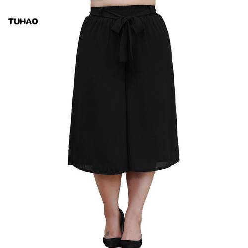 TUHAO Summer Women Chiffon Wide Leg Pants Plus Size 10XL 8XL 6XL Bow Tie Elastic Waist Loose Pants Trousers for Female MS68