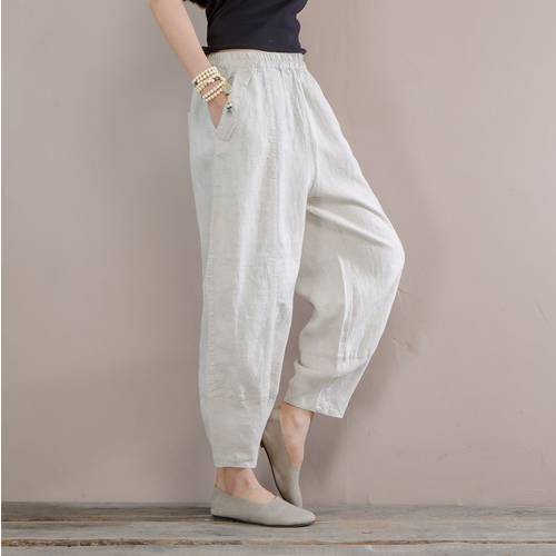 Women Summer Thin Linen Pants Elastic Waist Solid Color beige Pants For Female Casual Ladies Vintage Trousers