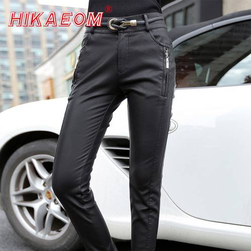 Hot Sale Chic Women Pu Leather Motorcycle Pants Fashion Streetwear High Waist Pencil Pants Skinny Trousers For Women (no belt)