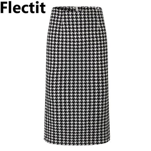 Flectit Houndstooth Skirts Women High Waist with Back Split Mid Long Houndstooth Skirt Classic Pencil Skirts Female