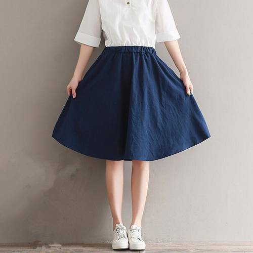 2021 Autumn Summer Women Skirt Cotton Linen Casual Skirt High Waist Pleated Skirt Female Elastic Waist Mid Long Skirts Women