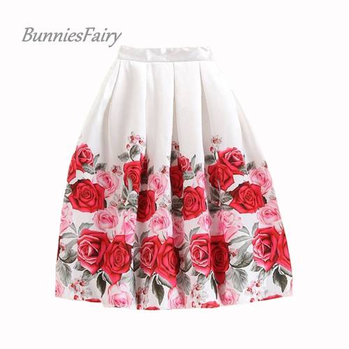 Clearance Sale Summer Korean Elegant Sweet Vintage Pink Rose Floral Print High Waist White Pleated Midi Skirt Cheap Free Ship