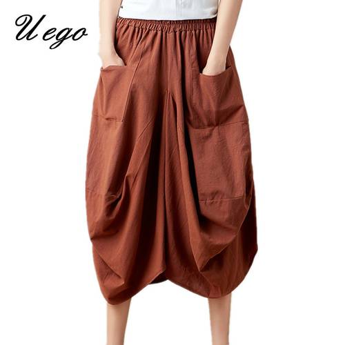 Uego 2022 New Fashion Cotton Linen Spring Summer Skirt High Elastic Waist Pockets Ladies Vintage Skirt Women Casual Midi Skirt