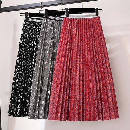 Sweet Hearts Dobby Metallic Gauze Long Pleated Skirt Shimmering Cute Dotted Mid Calf Long Skirts
