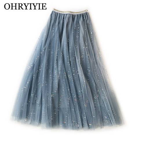 OHRYIYIE Gray Sequined Tulle Skirts Women 2022 Autumn Winter Elastic High Waist Sun Fluffy Tutu Skirt Female Elegant Long Skirt