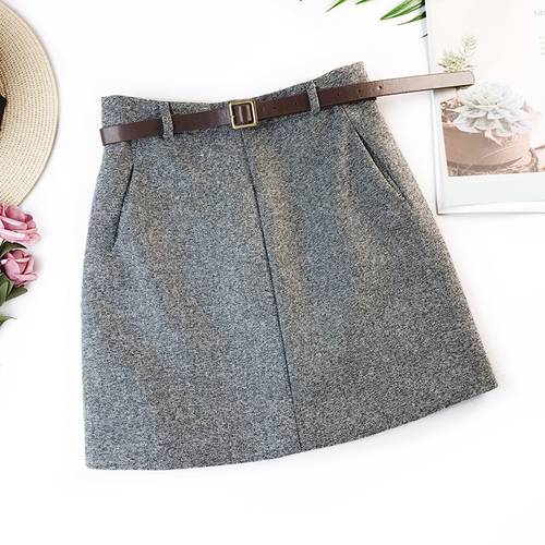 2023 Spring New Arrival Vintage Temperament High Waist A-line Office Skirts Womens With Belt Woolen Mini Skirt Free Shipping