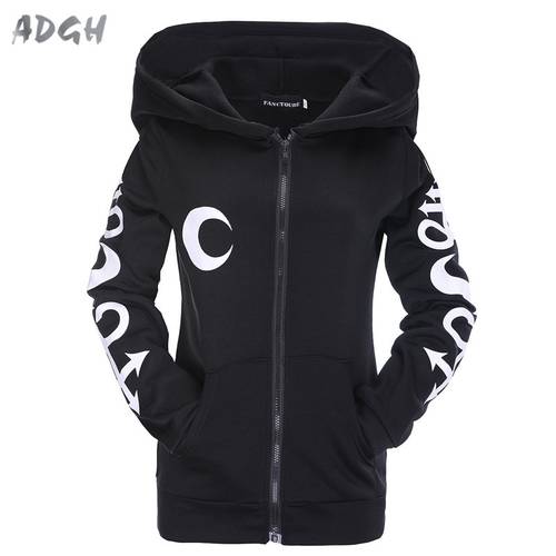 Ship Gothic Witch Moon Printed Hoodies Sweatshirt Casual Black Zip Up Outerwear Hooded Jacket Long Sleeve