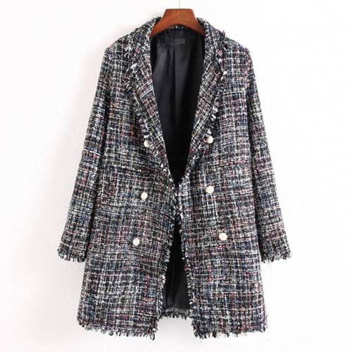 3D Pearls Buttons Tassels Blazer Woman Suits OL Beading Jackets Loose Plaid Tweed Long Cardigan Lattice Fringed Trench Coat Tops