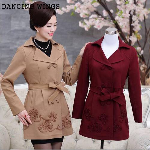 5XL Trench Coat Spring Autumn Long-Sleeved Turn Down Collar Solid Double-Breasted Middle-Aged Women Windbreaker