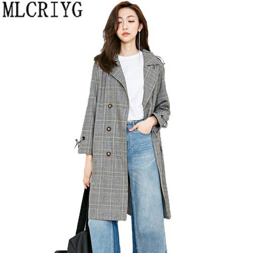 2019 Autumn New High Fashion Brand Woman Classic Double Breasted Trench Coat Female Plaid Windbreaker Business Outerwear Abrigos