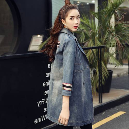 New Fashion 2017 Spring Summer Women&39s Streetwear Long Denim Trench Coat Double Breasted Blue Hole Outerwear Casaco Feminino