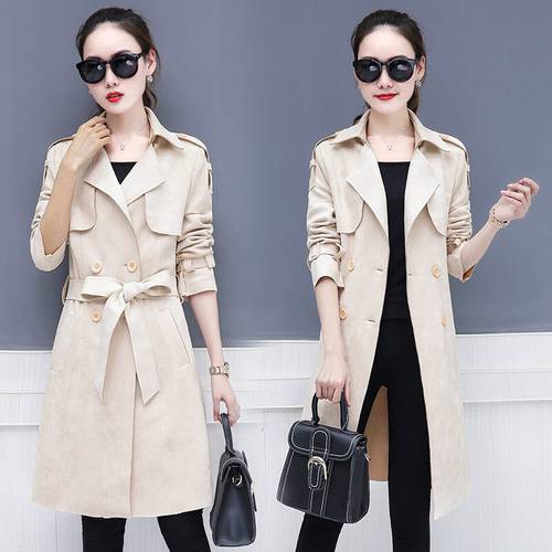 Spring autumn Trench women Chamois Trench coat women Double-breasted long windbreaker long-sleeved simple Slim thin waist coat