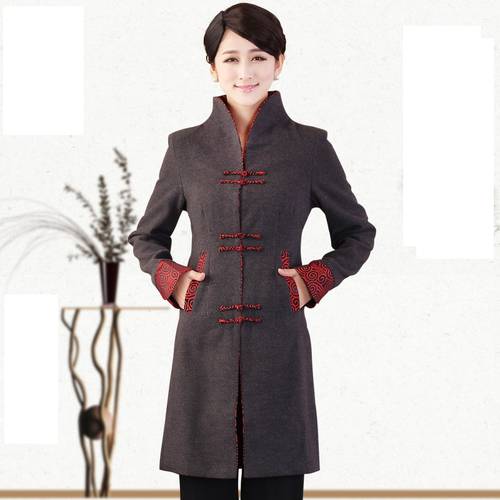 High Quality Gray Thick Cashmere Chinese Tradition Women&39s Long Jacket Coat Lengthen Outerwear Dust Coat S M L XL XXL XXXL