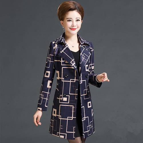 Spring Autumn Women Trench Coat Middle-aged Fashion Double Breasted Printing Windbreaker Slim Women Outwear