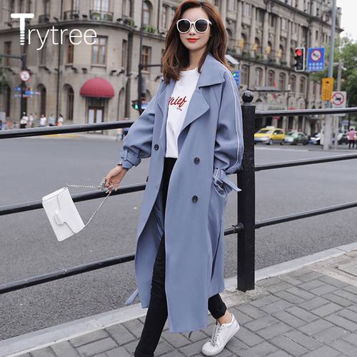 Trytree 2018 Autumn Women Casual Windbreakers Solid Sashes Cotton Polyester Wide-waisted Office Lady Thin Long Blue Black Coats