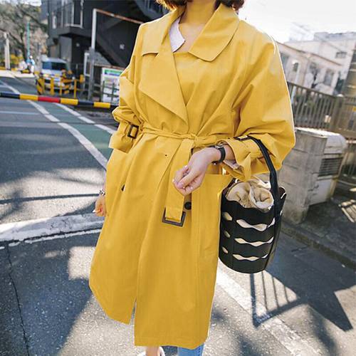 2018 Spring Fall Yellow Windbreaker Women New Fashion Yellow Trench Coat Girl Students Long Casual Trenches Outwear Overcoat