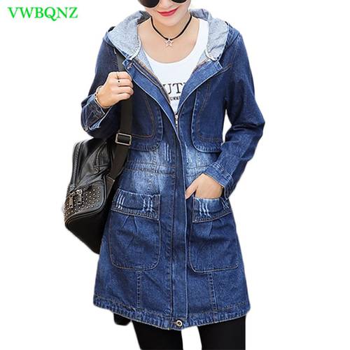Spring Autumn Hooded Denim Jacket Women Korean Loose Long Jeans Jackets Women&39s Zipper Windbreaker Outwear Female Basic Coat