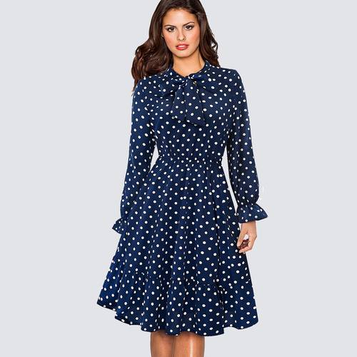 100% Polyester 1950s Retro Vintage Polka Dot Swing Skater Party Dress Elegant Long Sleeve Business Office Lady Dress HA130