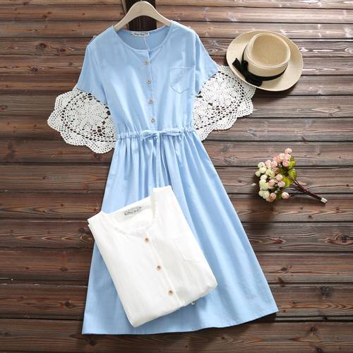 Summer Mori Girl Solid Women Cute Dress O Neck Cotton Linen Female Dresss Short Sleeve White Blue Robe String Dress S-2XL