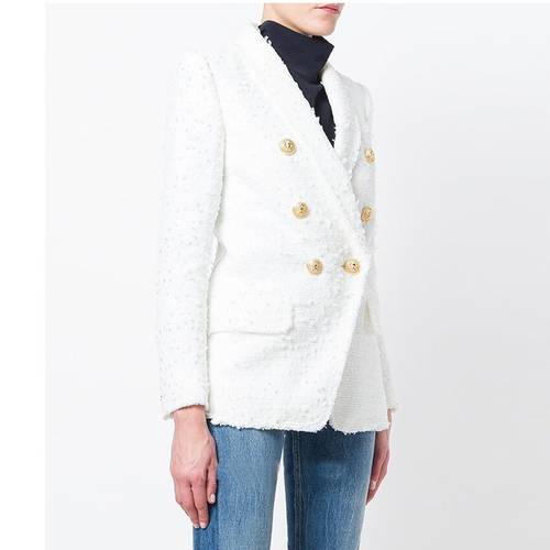 EXCELLENT QUALITY 2022 Stylish Designer Blazer for Women Double Breasted Lion Buttons Shawl Collar Tweed Blazer