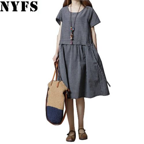 NYFS 2022 New Summer Dress O-Neck Short Sleeve Large Size Woman Dress Fashion Striped Dresses Vestidos Robe Elbise