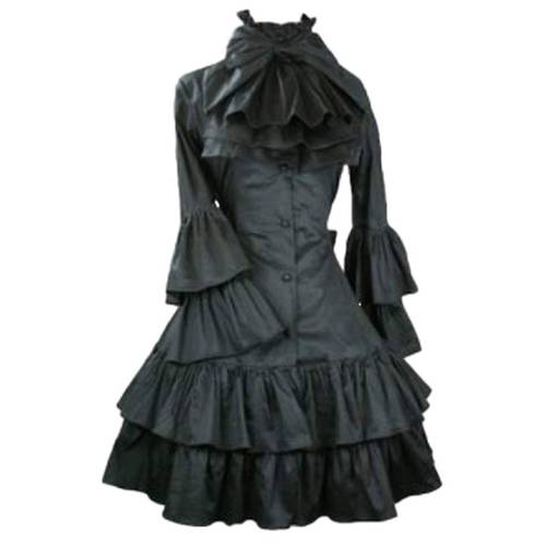 Women&39s Gothic Trench Coat Black Long Bell Sleeve Cotton Coat with Detachable Ruffled Bowtie