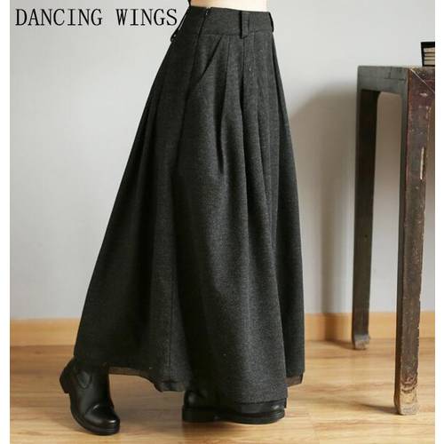 Autumn Winter Thick Warm Woolen Skirt Women Black Vintage High Waist Long Maxi A-Line Skirts