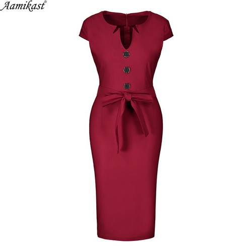 Amikast 2019 Womens Elegant Vintage Pinup Retro Rockabilly Button Contrast Belted Slim Work Office Business Party Bodycon Dress