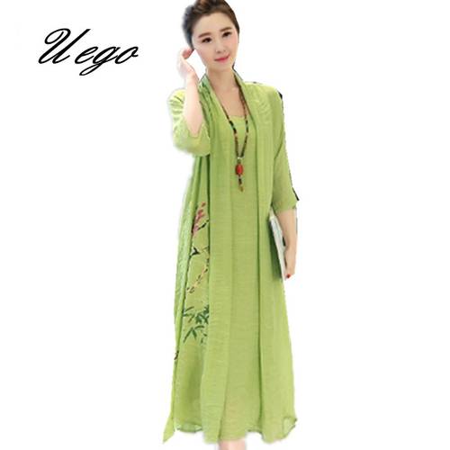 Uego 2022 New Fashion Soft Cotton Linen Long Women Summer Dress Vintage Print Floral Casual Dress Plus Size Loose Midi Dress