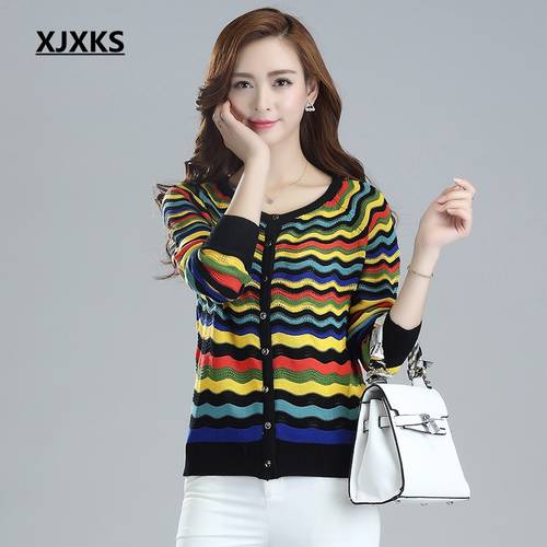 XJXKS Women Air-conditioning Shirt Hollow Thin Sweater Short Paragraph Cardigan Sunscreen Jacket Color waves Female Sweaters